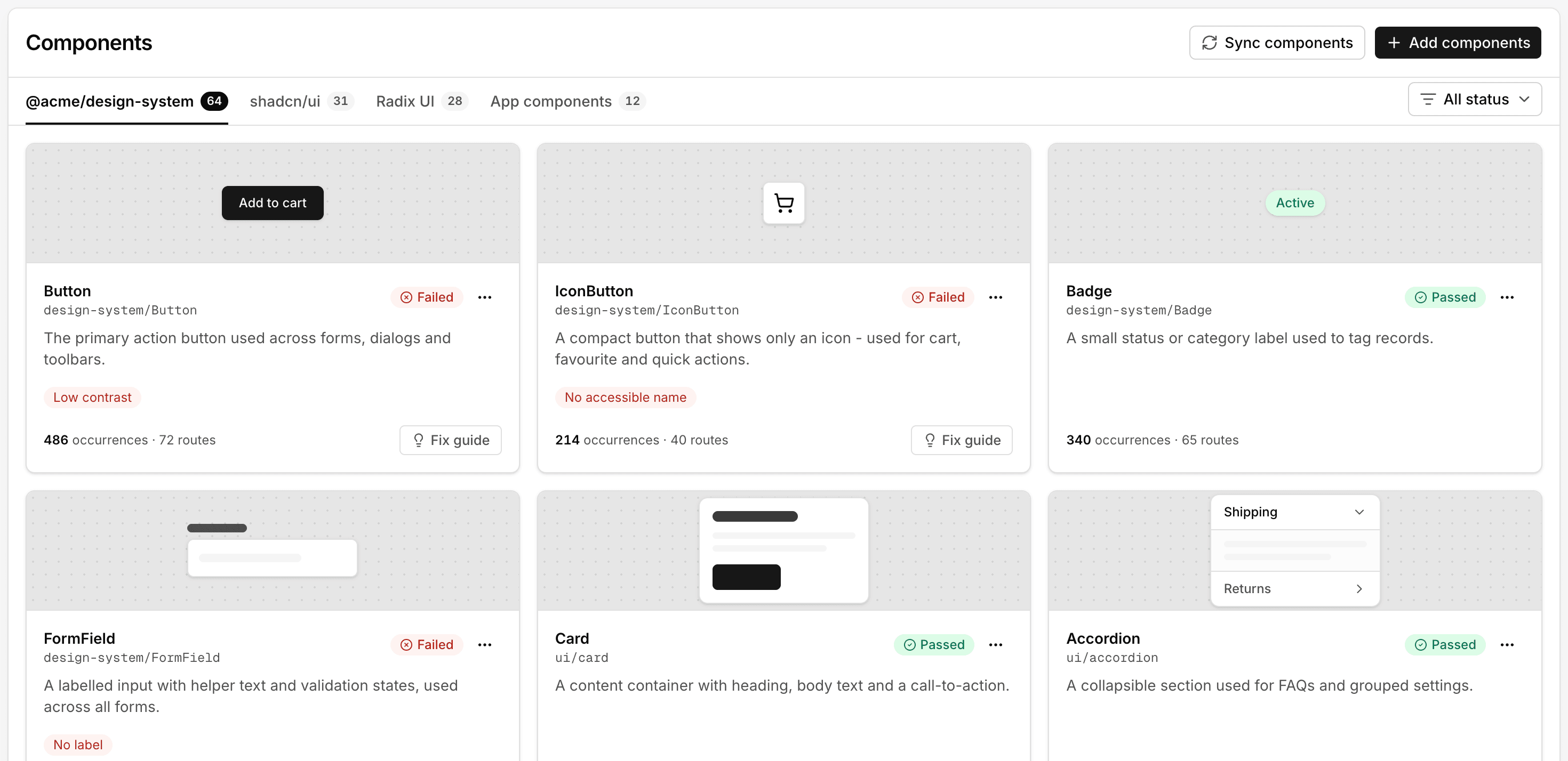 Components view: design-system components with their accessibility findings grouped at the source.